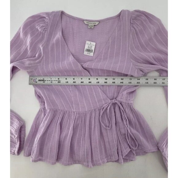 NWT American Eagle Cropped Lavender Puff Slv V-Neck Faux Wrap Boho Cottage Sz XS - Picture 10 of 10